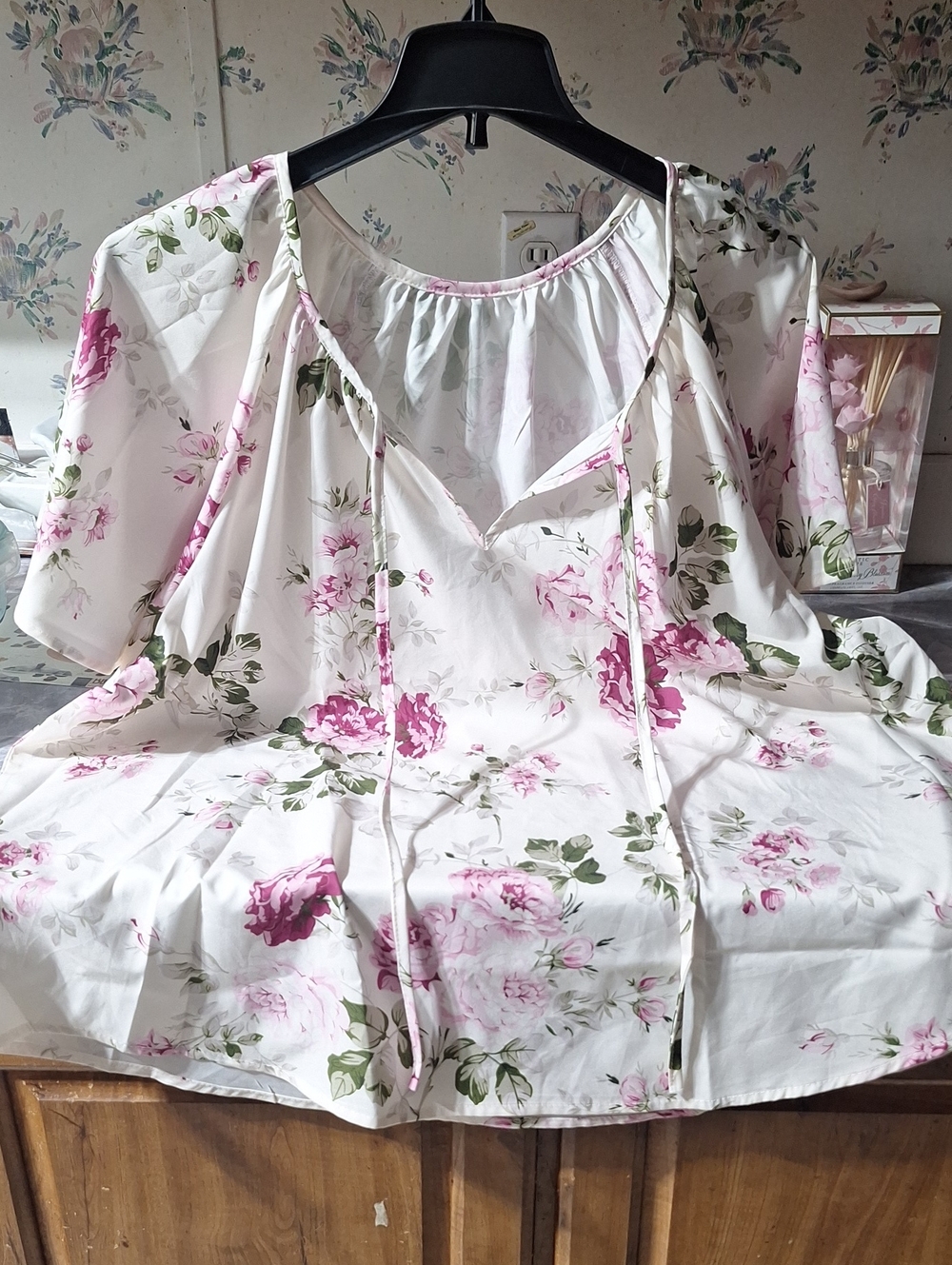 White Floral Peasant Blouse with Pink Roses